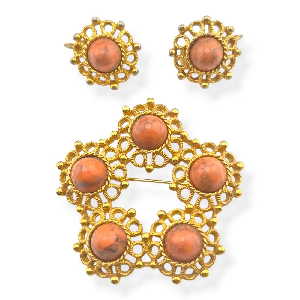Vintage Sarah Coventry Valencia Brooch & Earrings Set 1970s Faux Coral Gold Tone